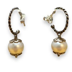 Vintage Silver Hoop Pearl Drop Stud Earrings
